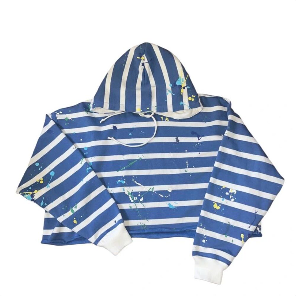 Polo Ralph Lauren Women’s Blue Striped Crop Hoodie Sweatshirt SZ L